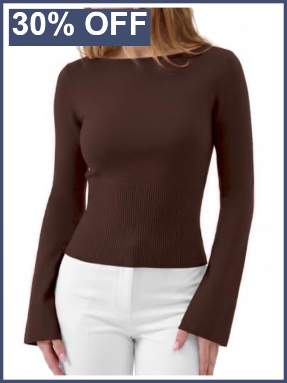 Cashmere Modal Blend Cinched Waist Pullover Bell Sleeve Boat Neck Sweater
